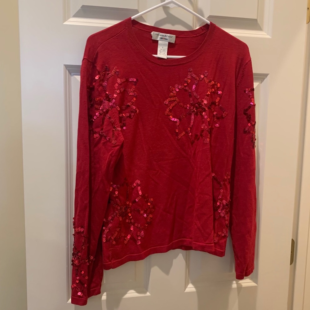 Poinsettia Christmas Sweater Sequins L Red Preston